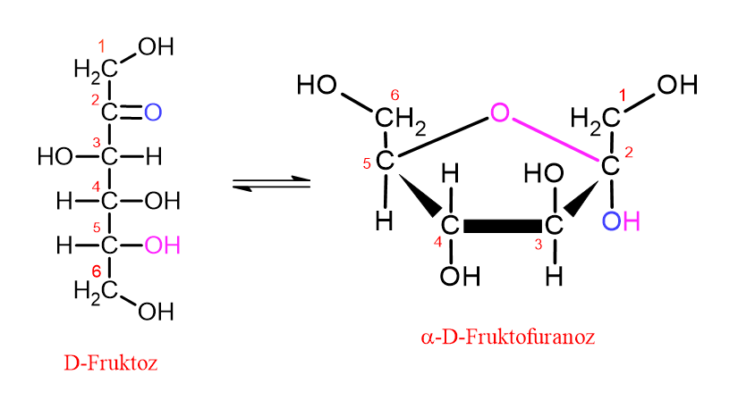 D-fruktozun furan halkasına dönüşümünü gösteren şema